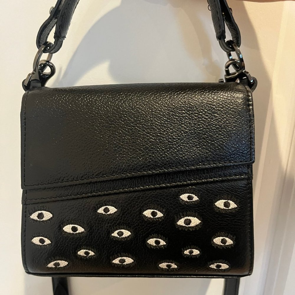 Min&Mon Anastasio Mini Crossbody Handbag Black Leather - All Over Eyes Embroider